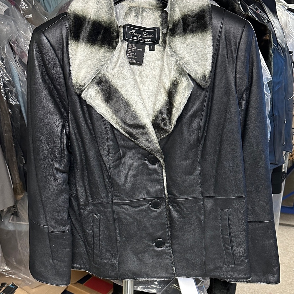Terry Lewis Classic Luxuries Black Leather Jacket with Gray Faux Fur